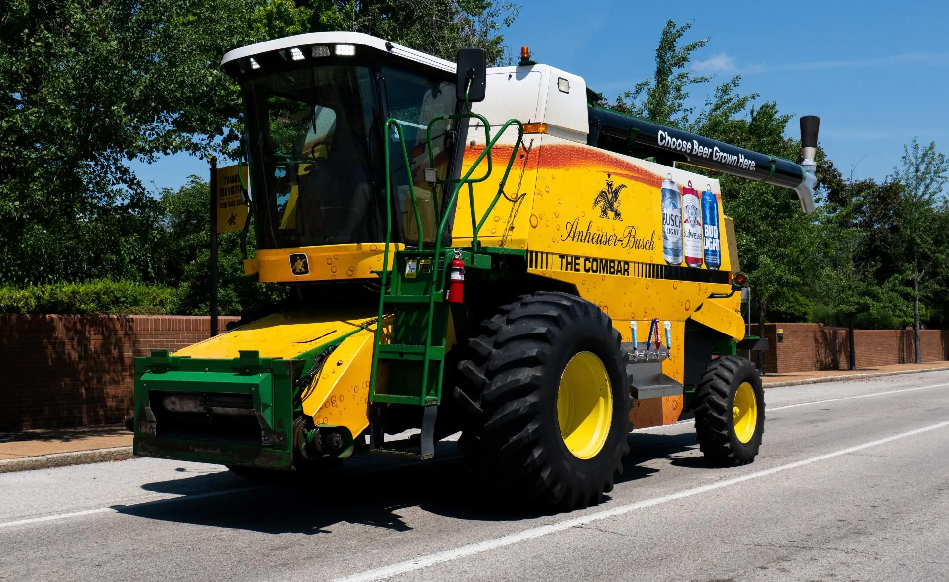 Combine harvester converted to serve beer