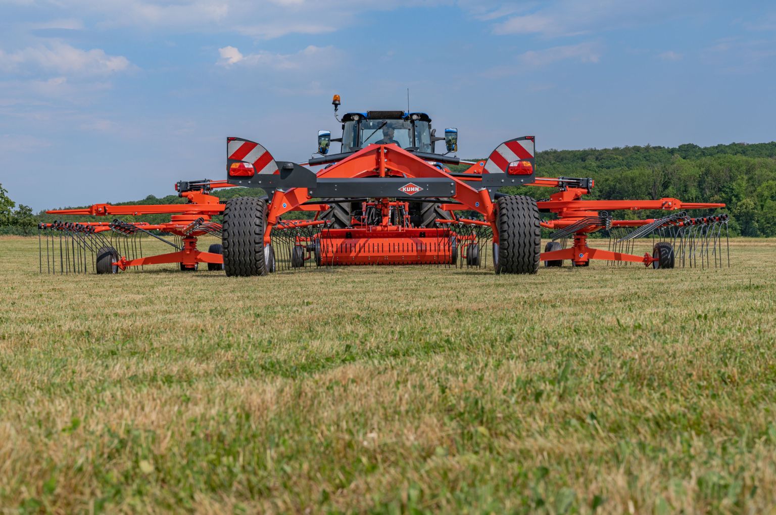 Twin rotor rake with central delivery