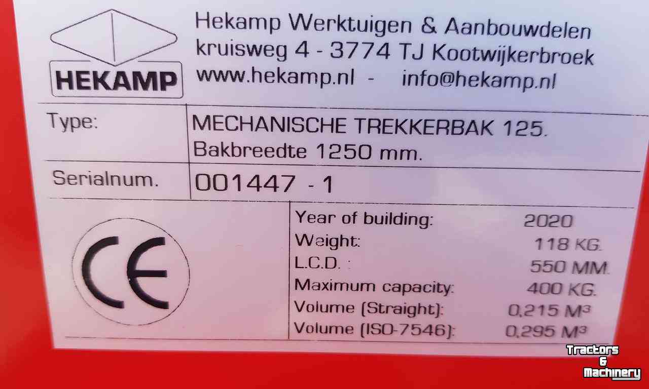 Transport godets de tracteur  Trekkerbak / Transportbak / Kiepbak mechanisch 125 cm